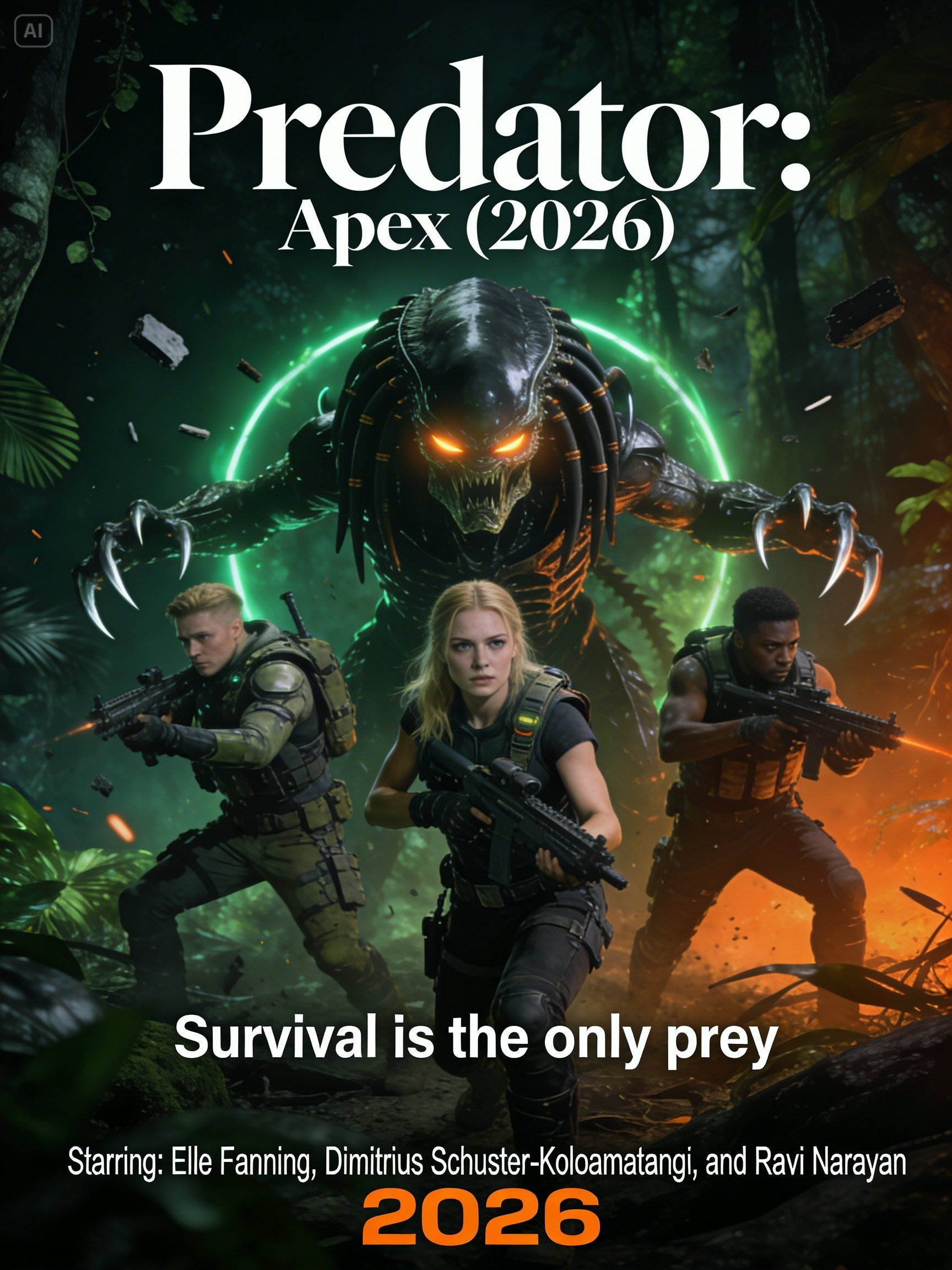 Predator: Apex (2026) Starring: Elle Fanning, Dimitrius Schuster-Koloamatangi, and Ravi Narayan