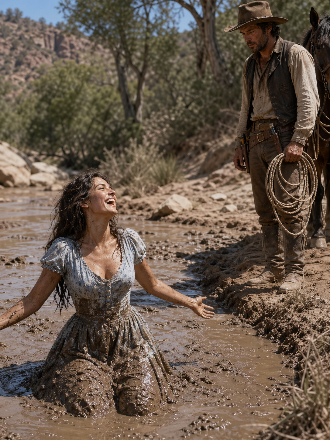 The Cowboy Found Her Stuck in Creek Mud Laughing Hard, He Fell in Love Before He Pulled Her Free