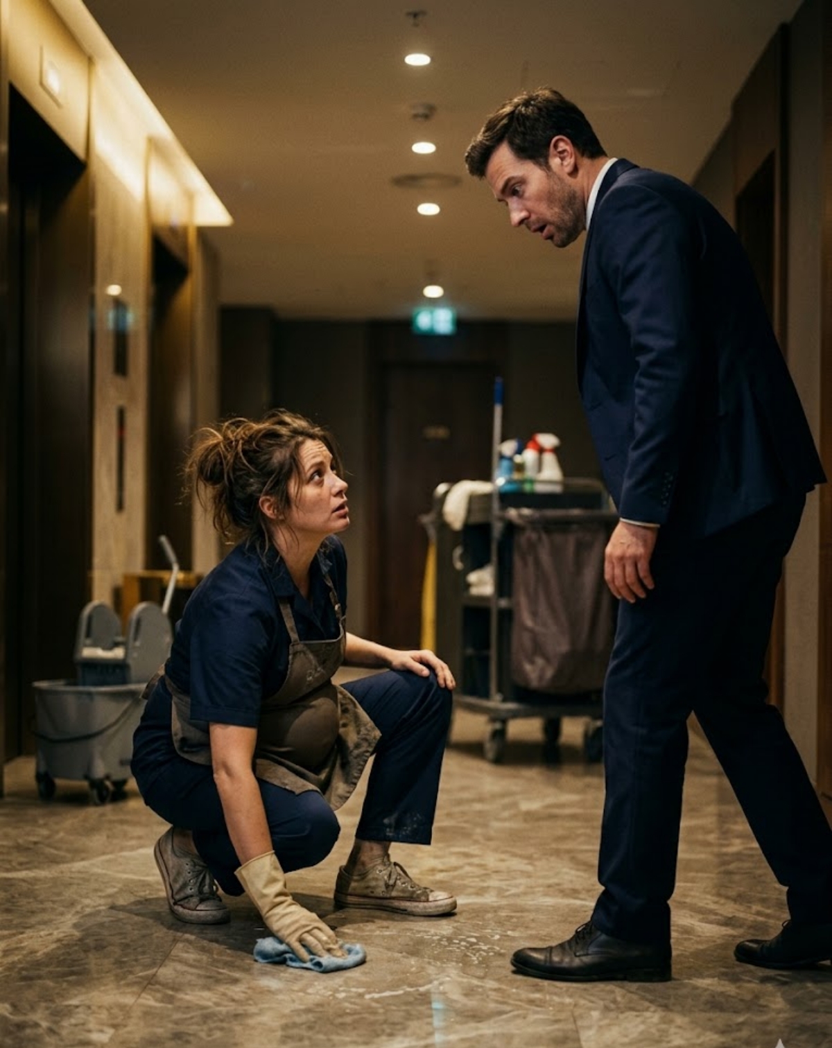 HE ALMOST WALKED PAST THE JANITOR—UNTIL HE SAW HER SHOES, LOOKED UP, AND REALIZED HIS MISSING WIFE WAS NINE MONTHS PREGNANT AND SCRUBBING FLOORS IN A HOTEL WHILE HIS MOTHER PREPARED TO STEAL THEIR CHILD