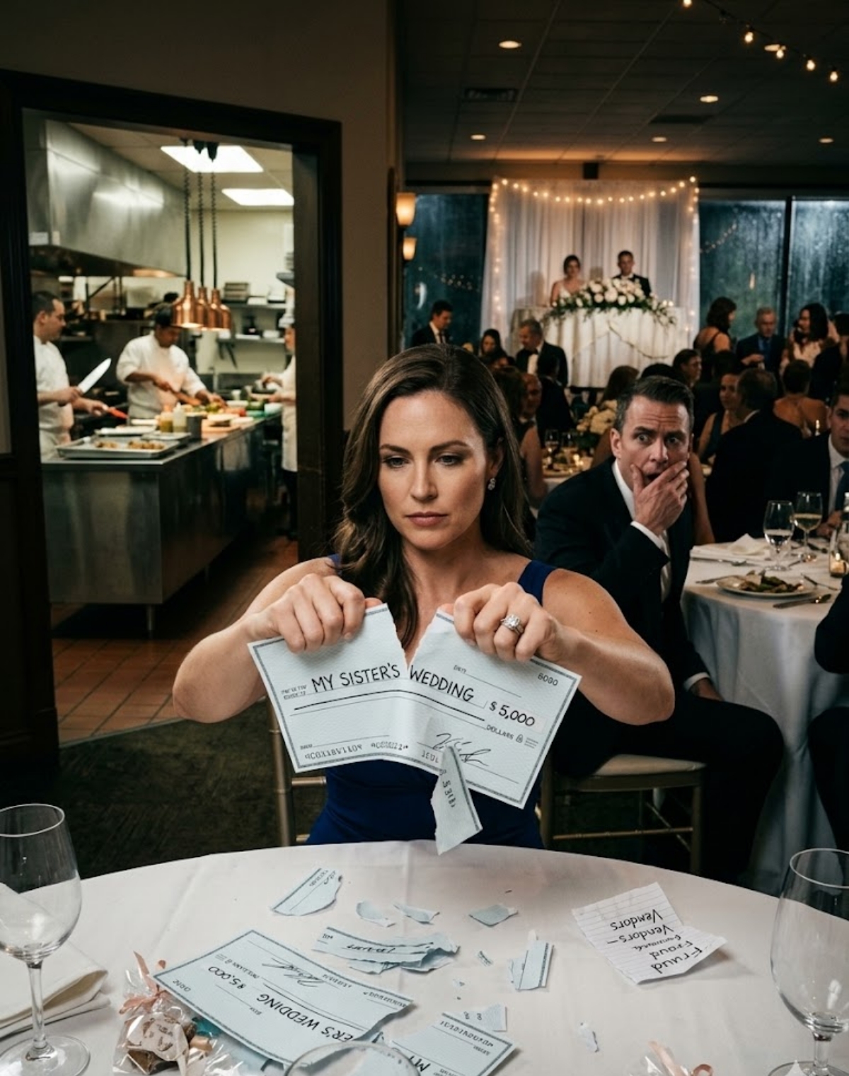 MY SISTER SEATED ME BY THE KITCHEN AT HER WEDDING—SO I TORE UP MY $5,000 CHECK AND LET THE VENDORS EXPOSE THE FRAUD SHE USED MY NAME TO HIDE
