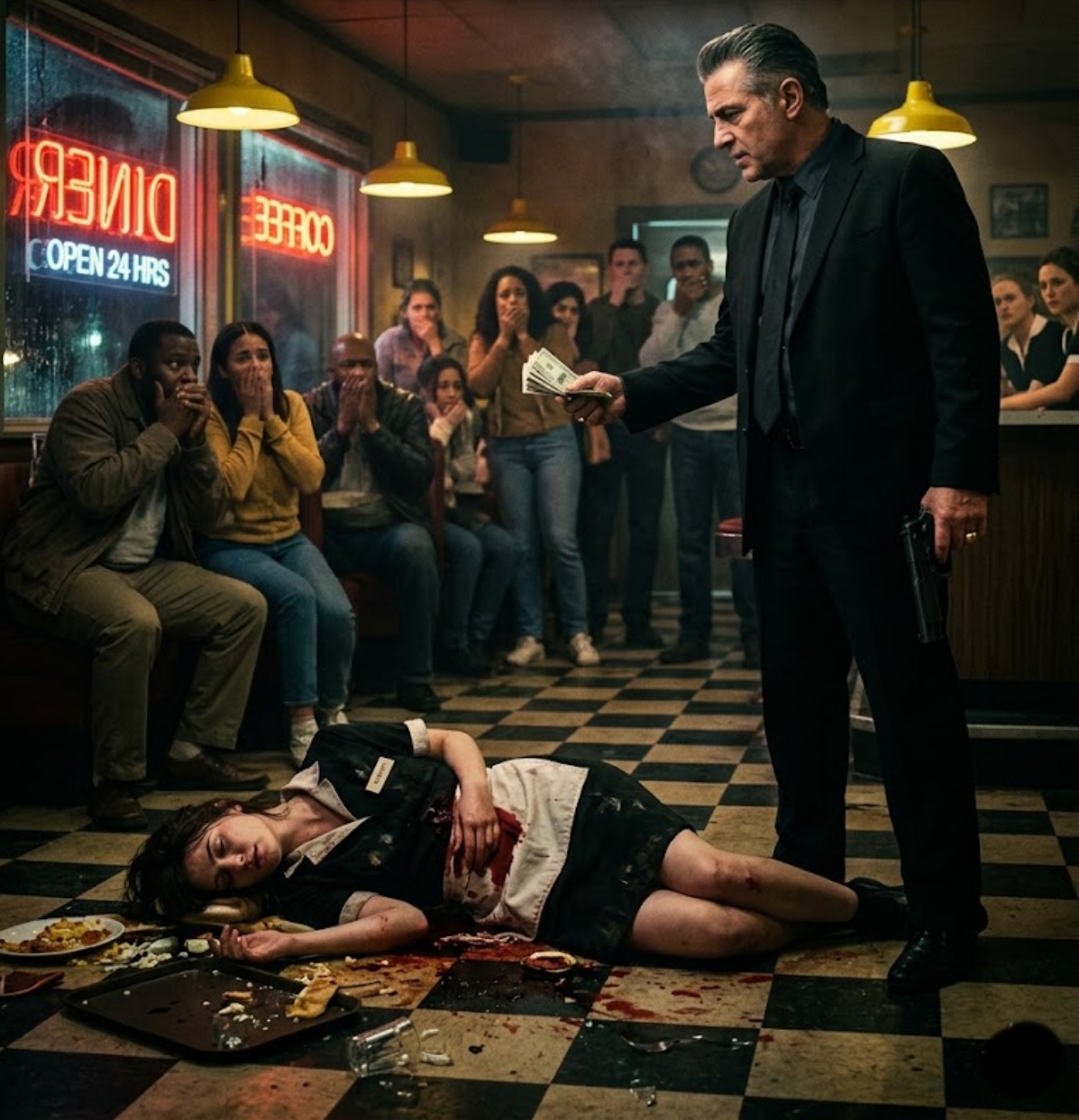 THE WAITRESS EVERYONE WATCHED BLEED ON THE FLOOR—UNTIL THE MAFIA BOSS WALKED IN AND MADE THE WHOLE DINER PAY FOR ITS SILENCE